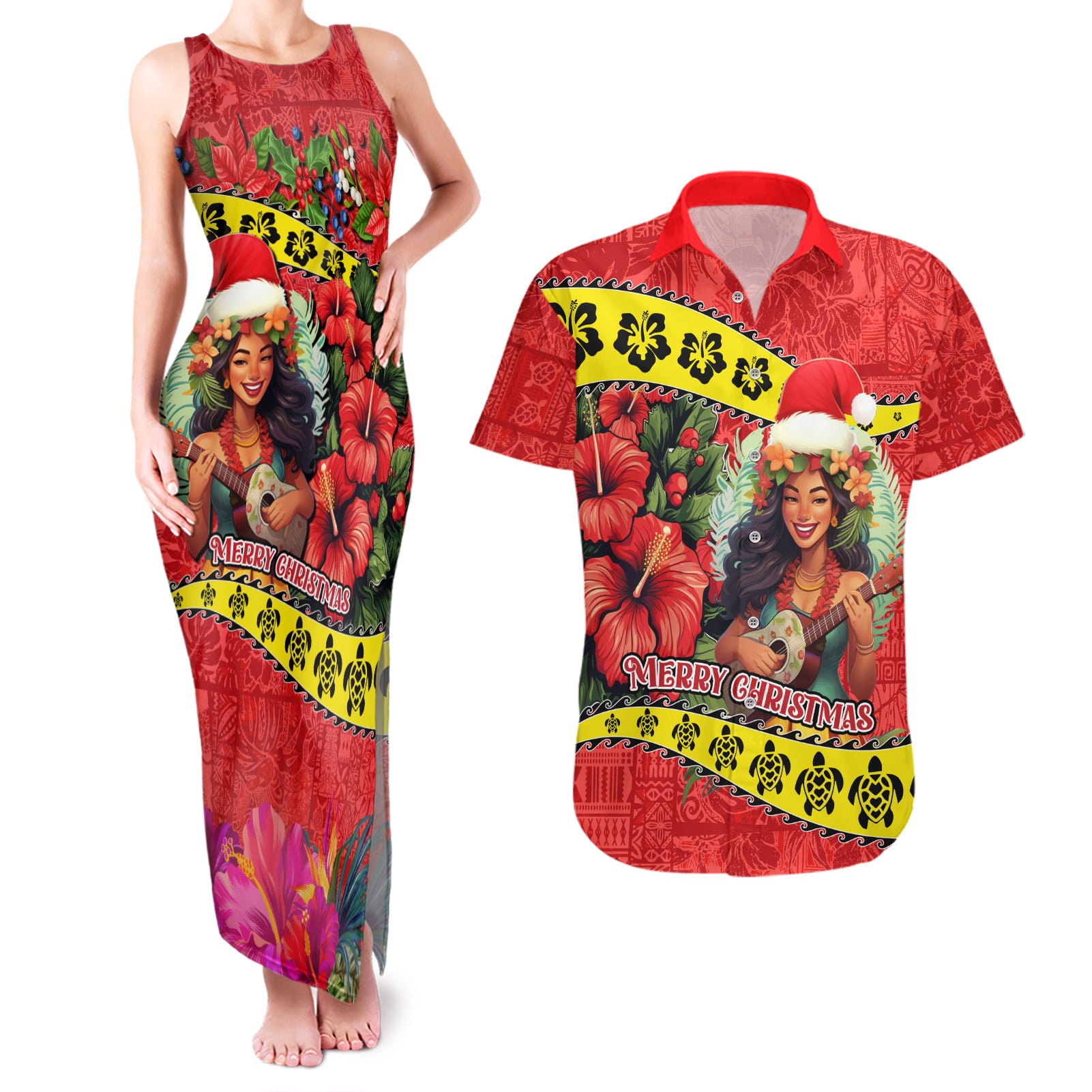 Hawaii Christmas Couples Matching Tank Maxi Dress and Hawaiian Shirt Hula Girl Hibiscus With Hawaiian Style Tribal Fabric Patchwork LT03 Red - Polynesian Pride