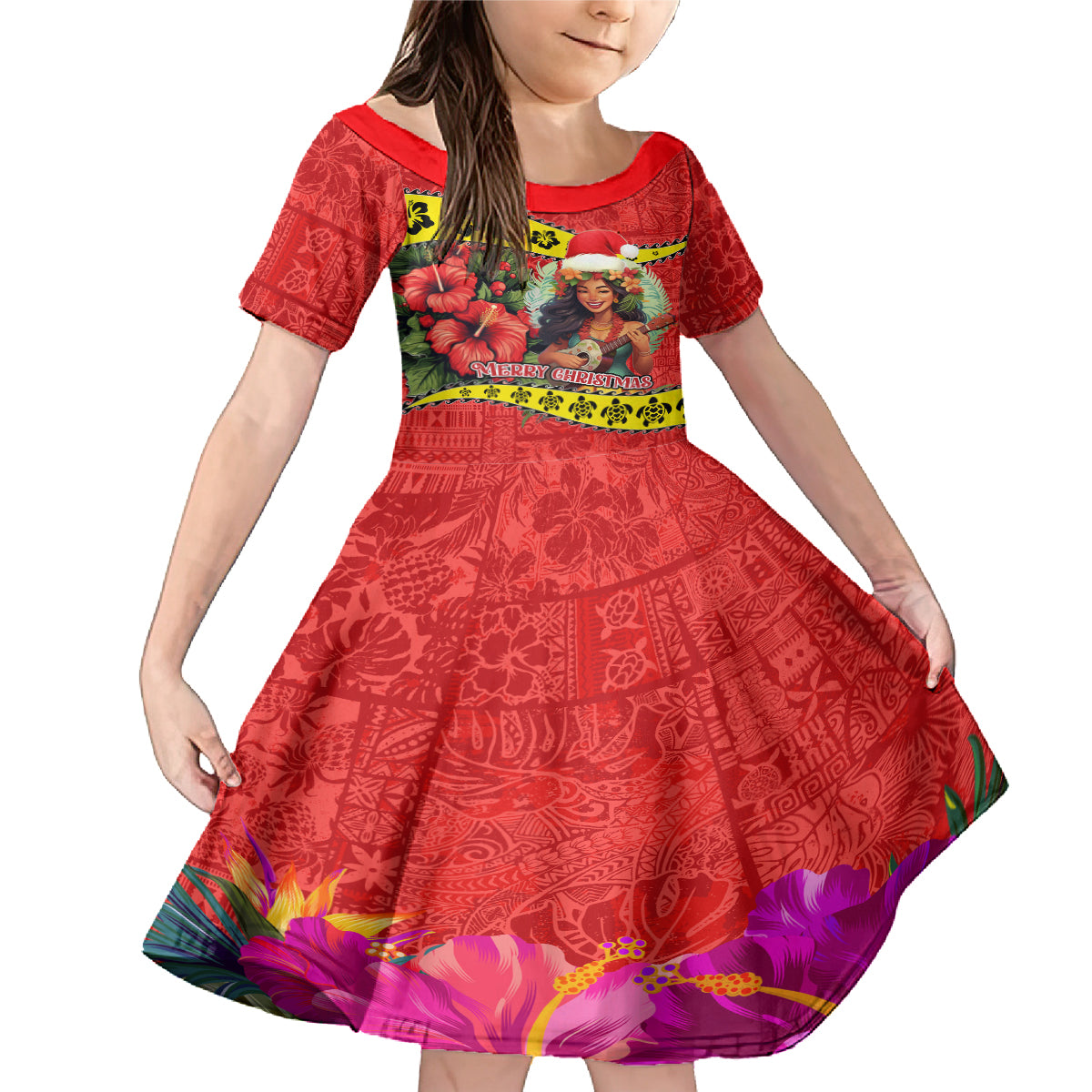 Hawaii Christmas Family Matching Mermaid Dress and Hawaiian Shirt Hula Girl Hibiscus With Hawaiian Style Tribal Fabric Patchwork LT03 Daughter's Dress Red - Polynesian Pride
