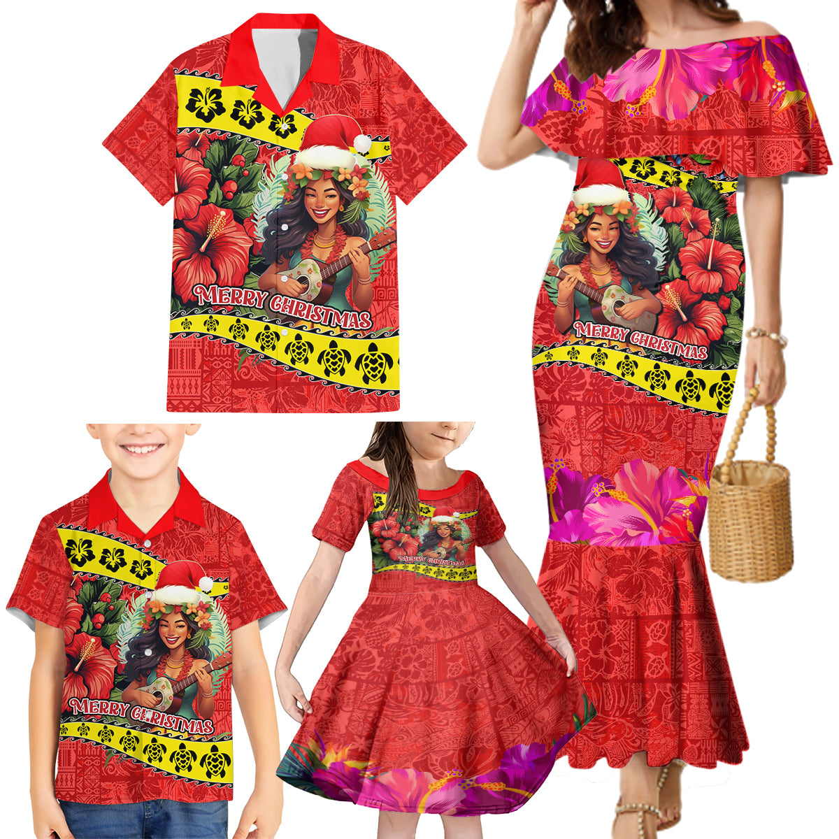 Hawaii Christmas Family Matching Mermaid Dress and Hawaiian Shirt Hula Girl Hibiscus With Hawaiian Style Tribal Fabric Patchwork LT03 - Polynesian Pride
