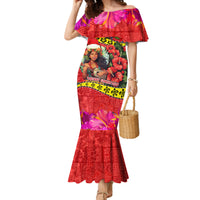 Hawaii Christmas Family Matching Mermaid Dress and Hawaiian Shirt Hula Girl Hibiscus With Hawaiian Style Tribal Fabric Patchwork LT03 Mom's Dress Red - Polynesian Pride