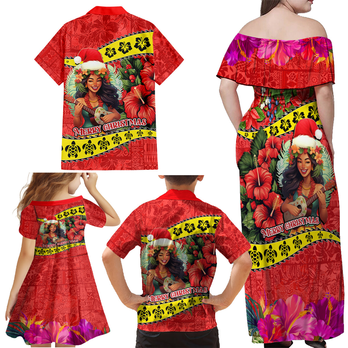 Hawaii Christmas Family Matching Off Shoulder Maxi Dress and Hawaiian Shirt Hula Girl Hibiscus With Hawaiian Style Tribal Fabric Patchwork LT03 - Polynesian Pride