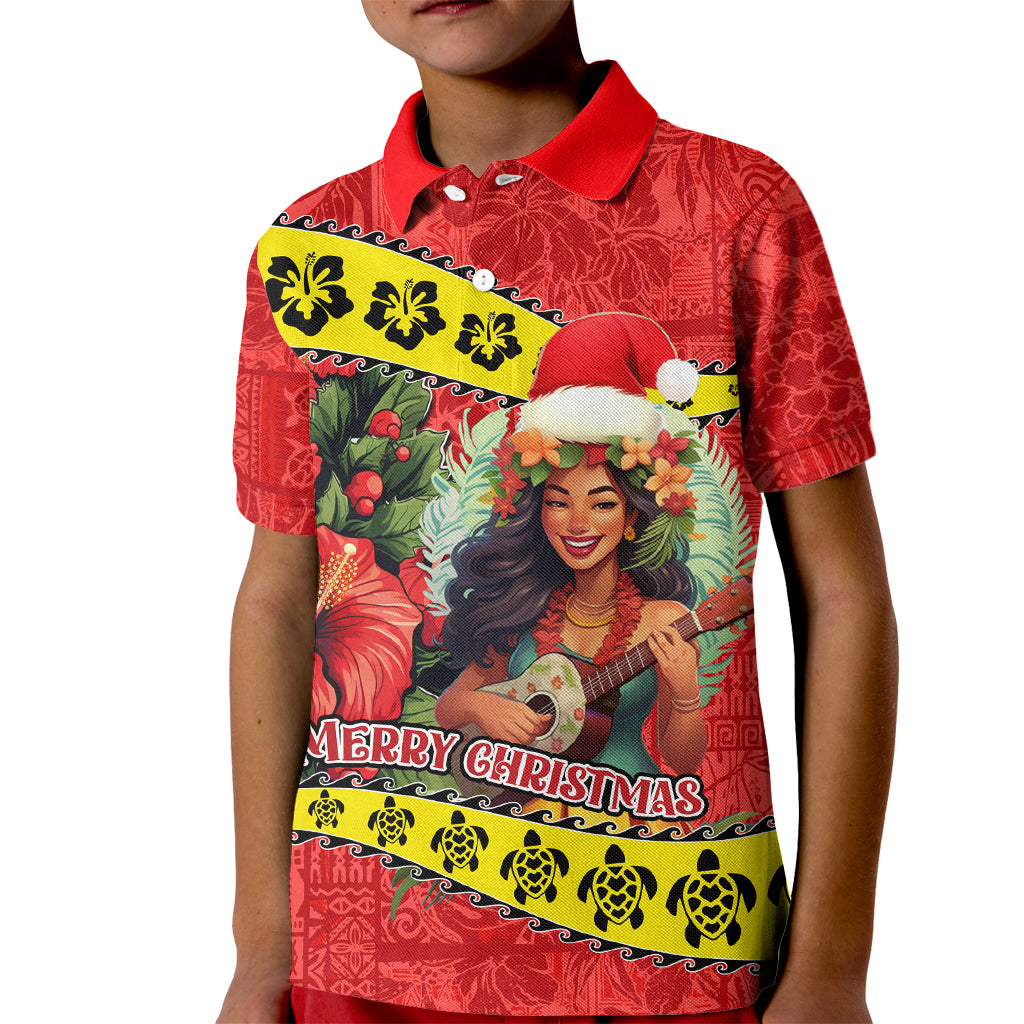 Hawaii Christmas Kid Polo Shirt Hula Girl Hibiscus With Hawaiian Style Tribal Fabric Patchwork LT03 Kid Red - Polynesian Pride