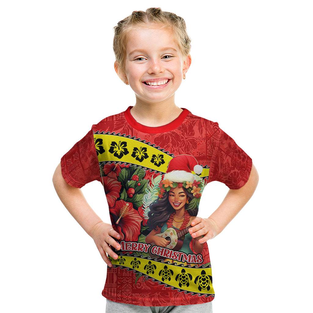 Hawaii Christmas Kid T Shirt Hula Girl Hibiscus With Hawaiian Style Tribal Fabric Patchwork LT03 Red - Polynesian Pride