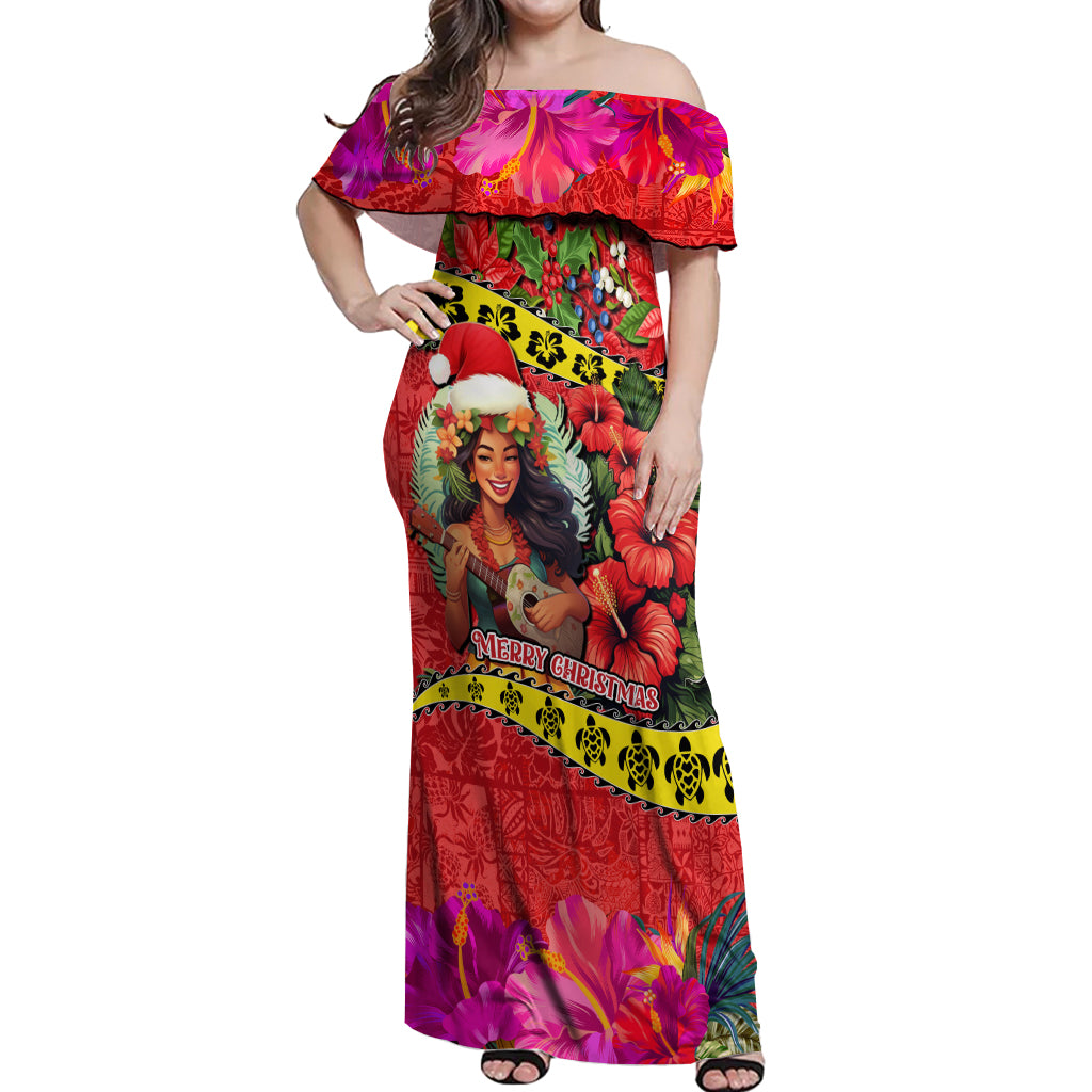 Hawaii Christmas Off Shoulder Maxi Dress Hula Girl Hibiscus With Hawaiian Style Tribal Fabric Patchwork LT03 Women Red - Polynesian Pride