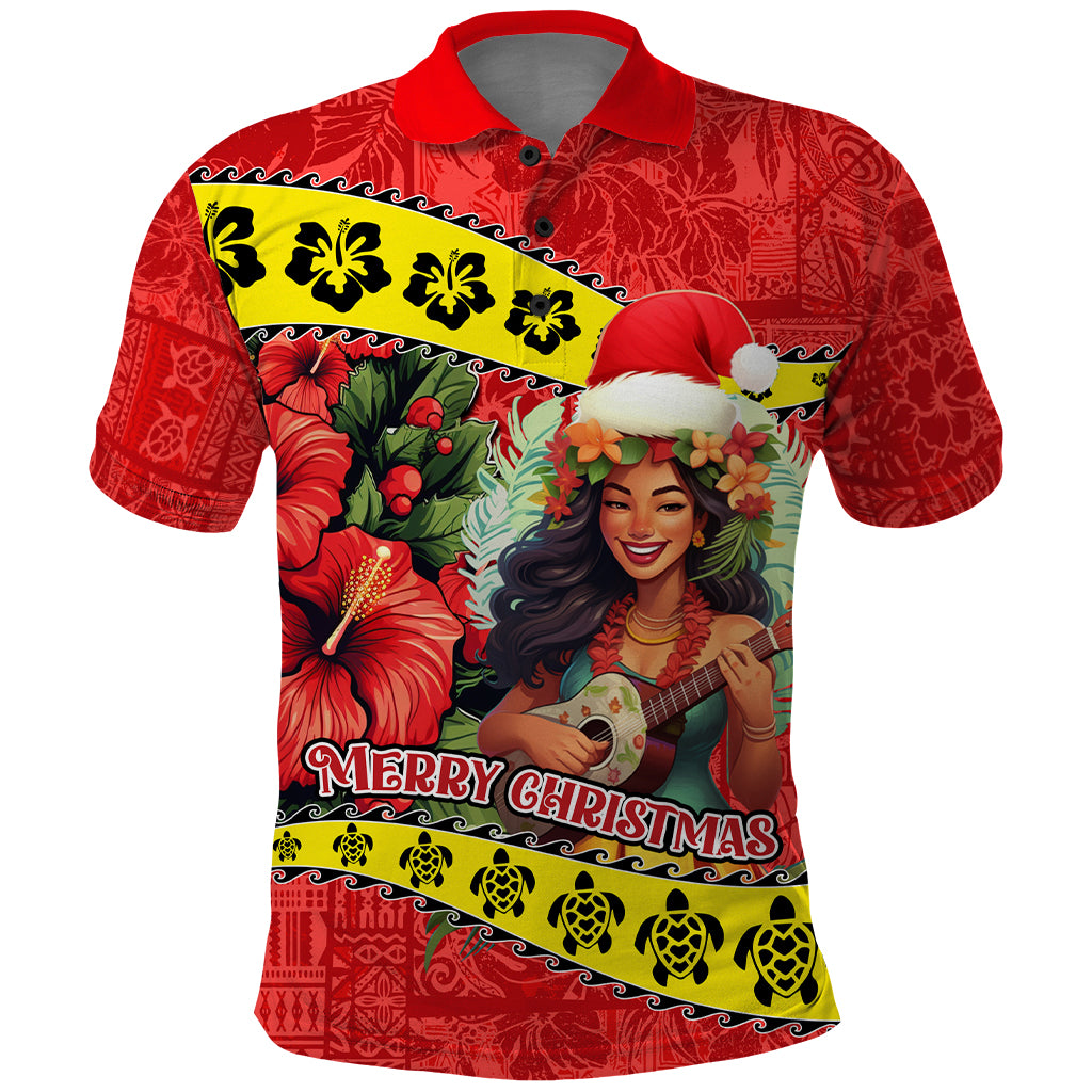 Hawaii Christmas Polo Shirt Hula Girl Hibiscus With Hawaiian Style Tribal Fabric Patchwork LT03 Red - Polynesian Pride