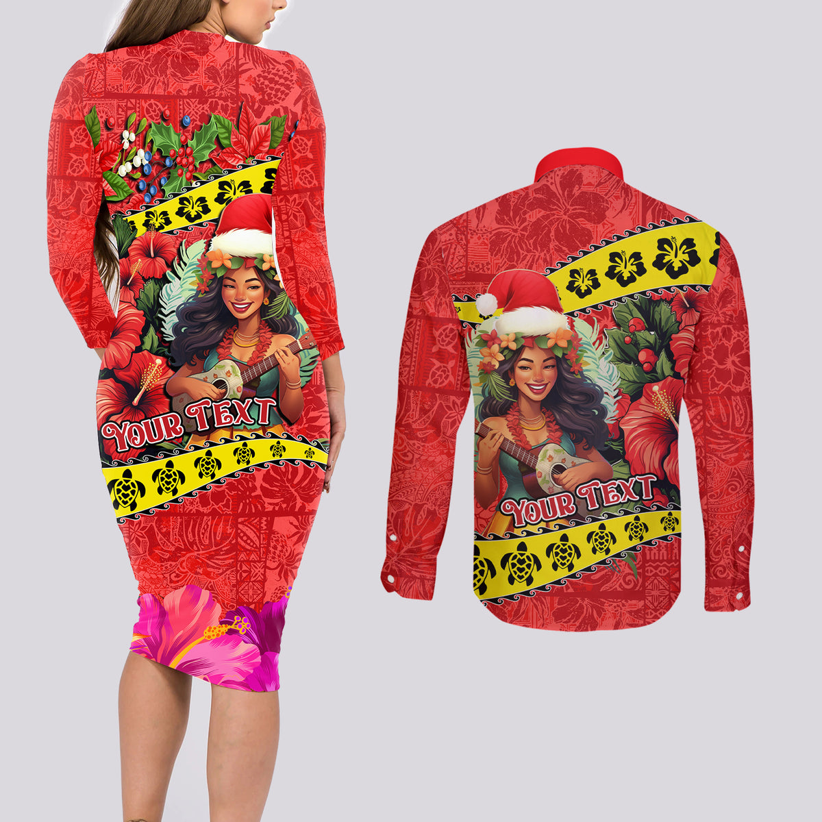 Personalised Hawaii Christmas Couples Matching Long Sleeve Bodycon Dress and Long Sleeve Button Shirt Hula Girl Hibiscus With Hawaiian Style Tribal Fabric Patchwork LT03 - Polynesian Pride