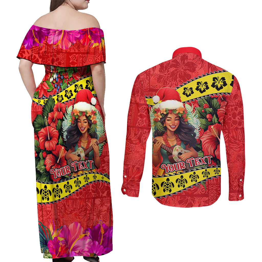 Personalised Hawaii Christmas Couples Matching Off Shoulder Maxi Dress and Long Sleeve Button Shirt Hula Girl Hibiscus With Hawaiian Style Tribal Fabric Patchwork LT03 - Polynesian Pride