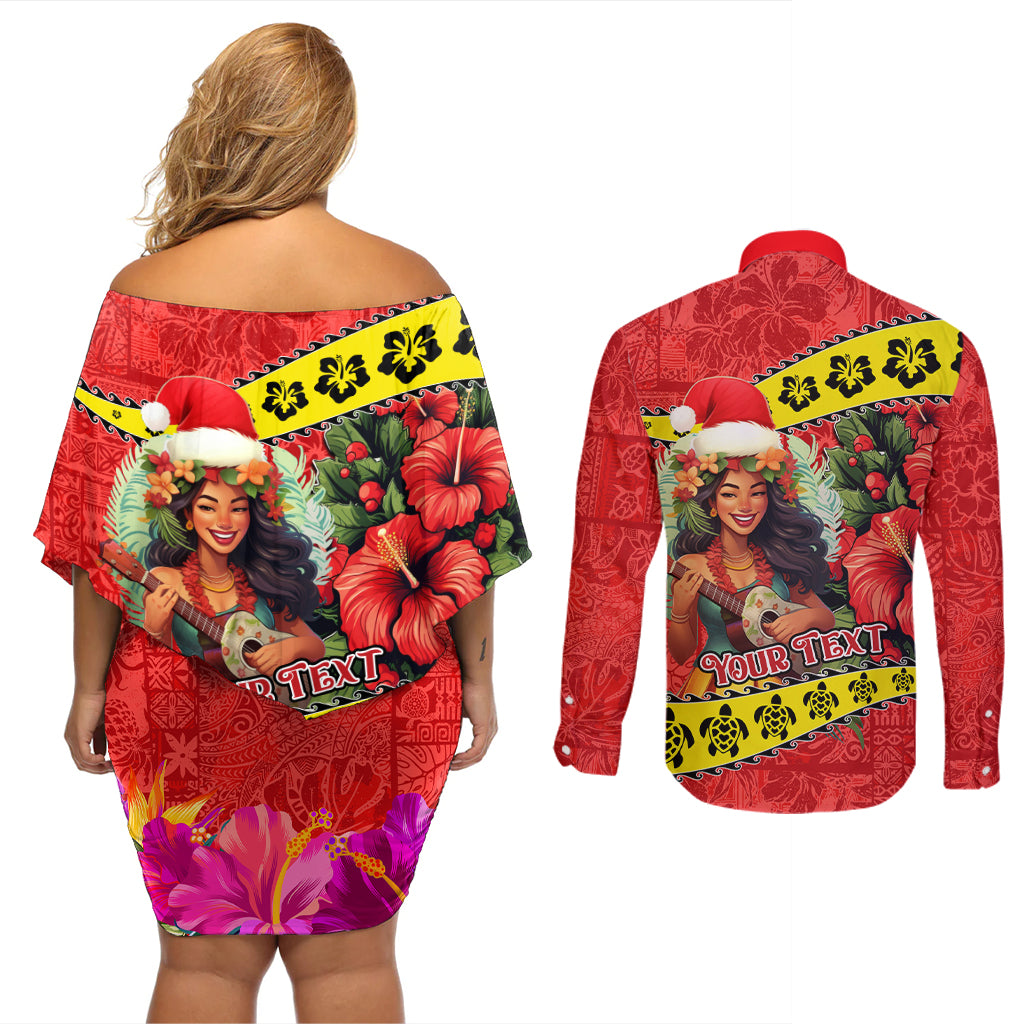 Personalised Hawaii Christmas Couples Matching Off Shoulder Short Dress and Long Sleeve Button Shirt Hula Girl Hibiscus With Hawaiian Style Tribal Fabric Patchwork LT03 - Polynesian Pride