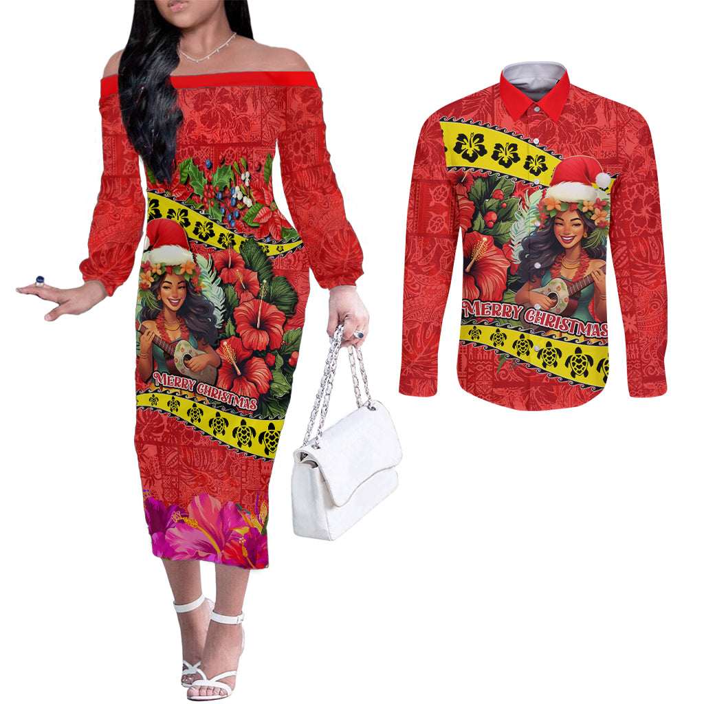 Personalised Hawaii Christmas Couples Matching Off The Shoulder Long Sleeve Dress and Long Sleeve Button Shirt Hula Girl Hibiscus With Hawaiian Style Tribal Fabric Patchwork LT03 Red - Polynesian Pride