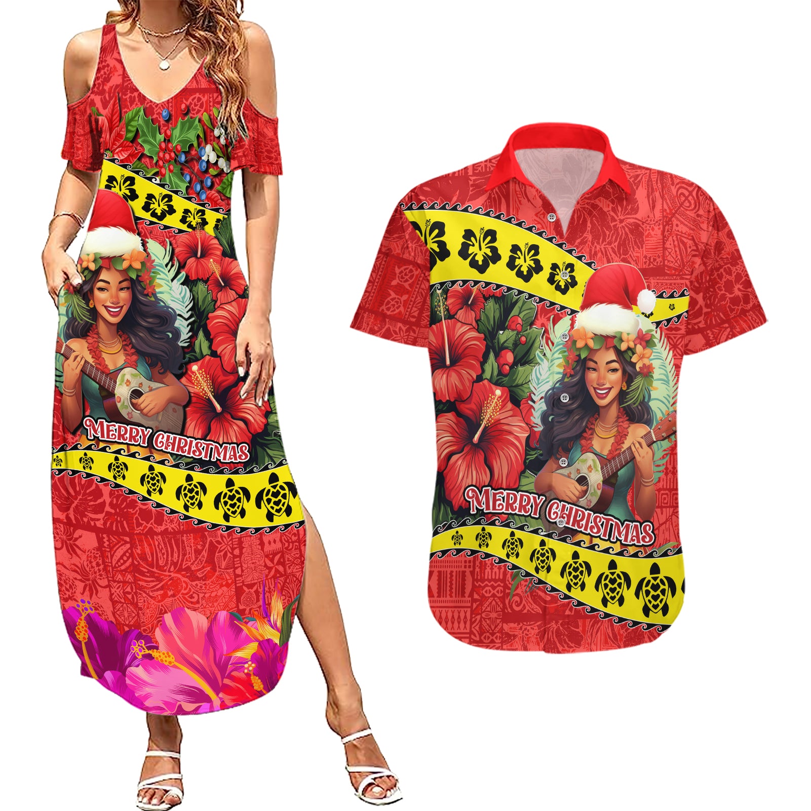 Personalised Hawaii Christmas Couples Matching Summer Maxi Dress and Hawaiian Shirt Hula Girl Hibiscus With Hawaiian Style Tribal Fabric Patchwork LT03 Red - Polynesian Pride