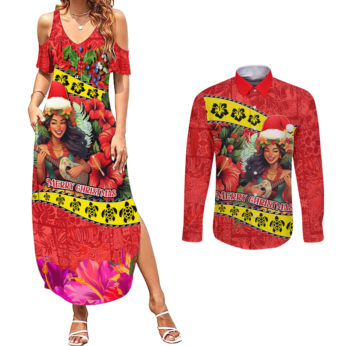 Personalised Hawaii Christmas Couples Matching Summer Maxi Dress and Long Sleeve Button Shirt Hula Girl Hibiscus With Hawaiian Style Tribal Fabric Patchwork LT03 Red - Polynesian Pride