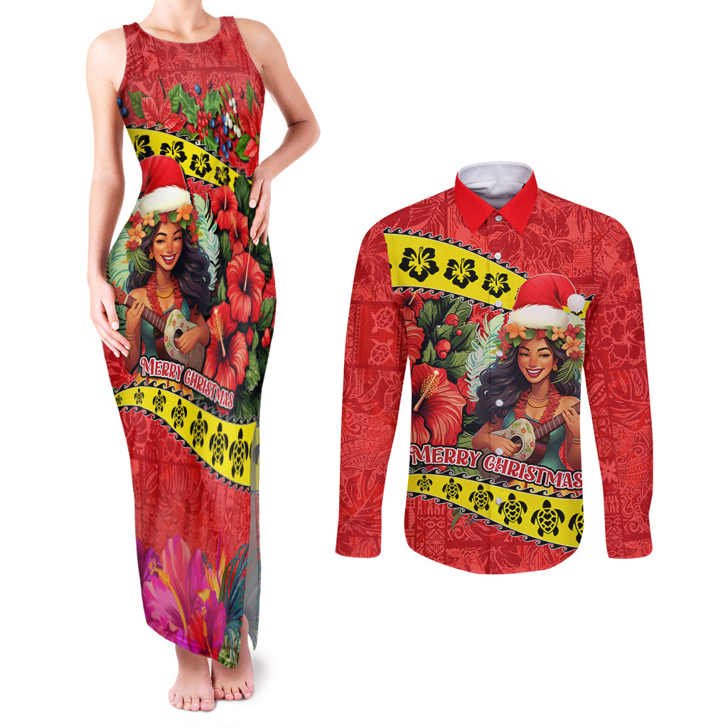 Personalised Hawaii Christmas Couples Matching Tank Maxi Dress and Long Sleeve Button Shirt Hula Girl Hibiscus With Hawaiian Style Tribal Fabric Patchwork LT03 Red - Polynesian Pride