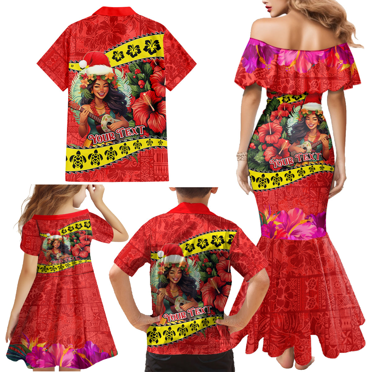 Personalised Hawaii Christmas Family Matching Mermaid Dress and Hawaiian Shirt Hula Girl Hibiscus With Hawaiian Style Tribal Fabric Patchwork LT03 - Polynesian Pride
