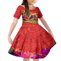 Personalised Hawaii Christmas Family Matching Puletasi Dress and Hawaiian Shirt Hula Girl Hibiscus With Hawaiian Style Tribal Fabric Patchwork LT03 Daughter's Dress Red - Polynesian Pride