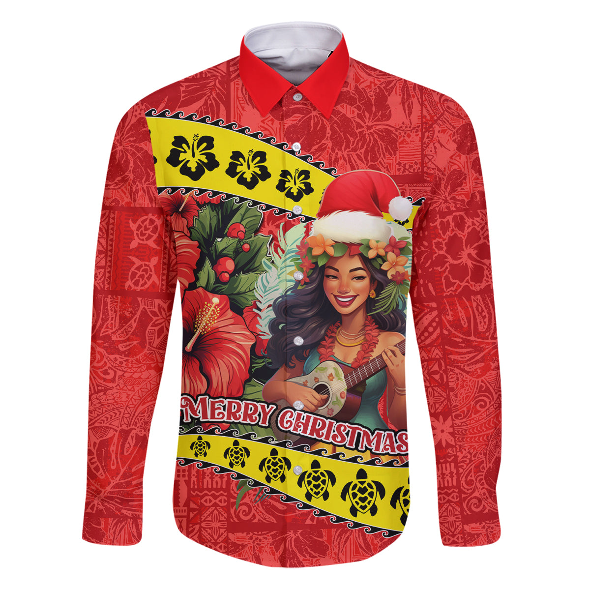 Personalised Hawaii Christmas Family Matching Puletasi Dress and Hawaiian Shirt Hula Girl Hibiscus With Hawaiian Style Tribal Fabric Patchwork LT03 Dad's Shirt - Long Sleeve Red - Polynesian Pride