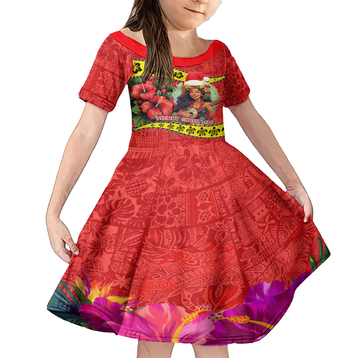 Personalised Hawaii Christmas Family Matching Tank Maxi Dress and Hawaiian Shirt Hula Girl Hibiscus With Hawaiian Style Tribal Fabric Patchwork LT03 Daughter's Dress Red - Polynesian Pride