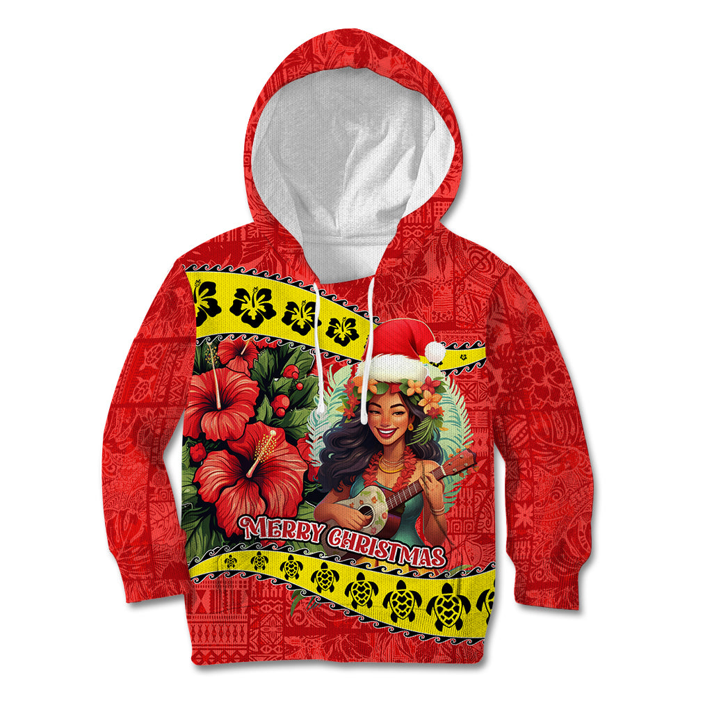 Personalised Hawaii Christmas Kid Hoodie Hula Girl Hibiscus With Hawaiian Style Tribal Fabric Patchwork LT03 Hoodie Red - Polynesian Pride