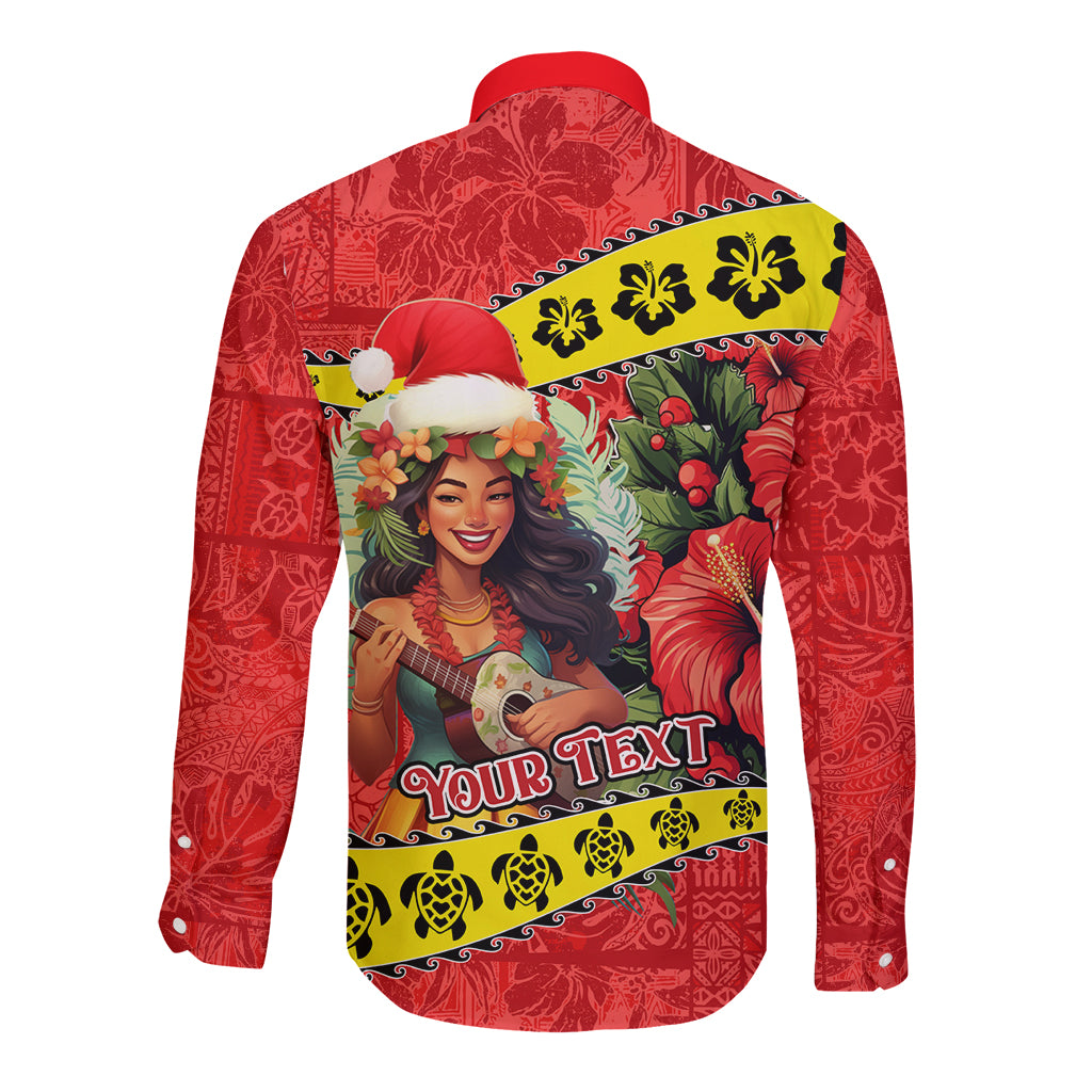 Personalised Hawaii Christmas Long Sleeve Button Shirt Hula Girl Hibiscus With Hawaiian Style Tribal Fabric Patchwork LT03 - Polynesian Pride
