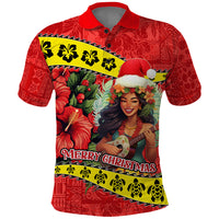 Personalised Hawaii Christmas Polo Shirt Hula Girl Hibiscus With Hawaiian Style Tribal Fabric Patchwork LT03 Red - Polynesian Pride