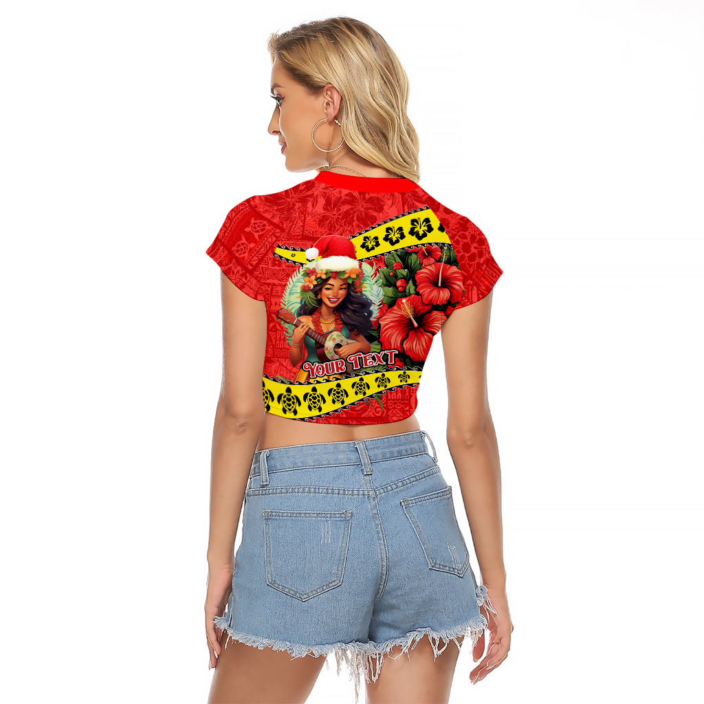 Personalised Hawaii Christmas Raglan Cropped T Shirt Hula Girl Hibiscus With Hawaiian Style Tribal Fabric Patchwork LT03 - Polynesian Pride
