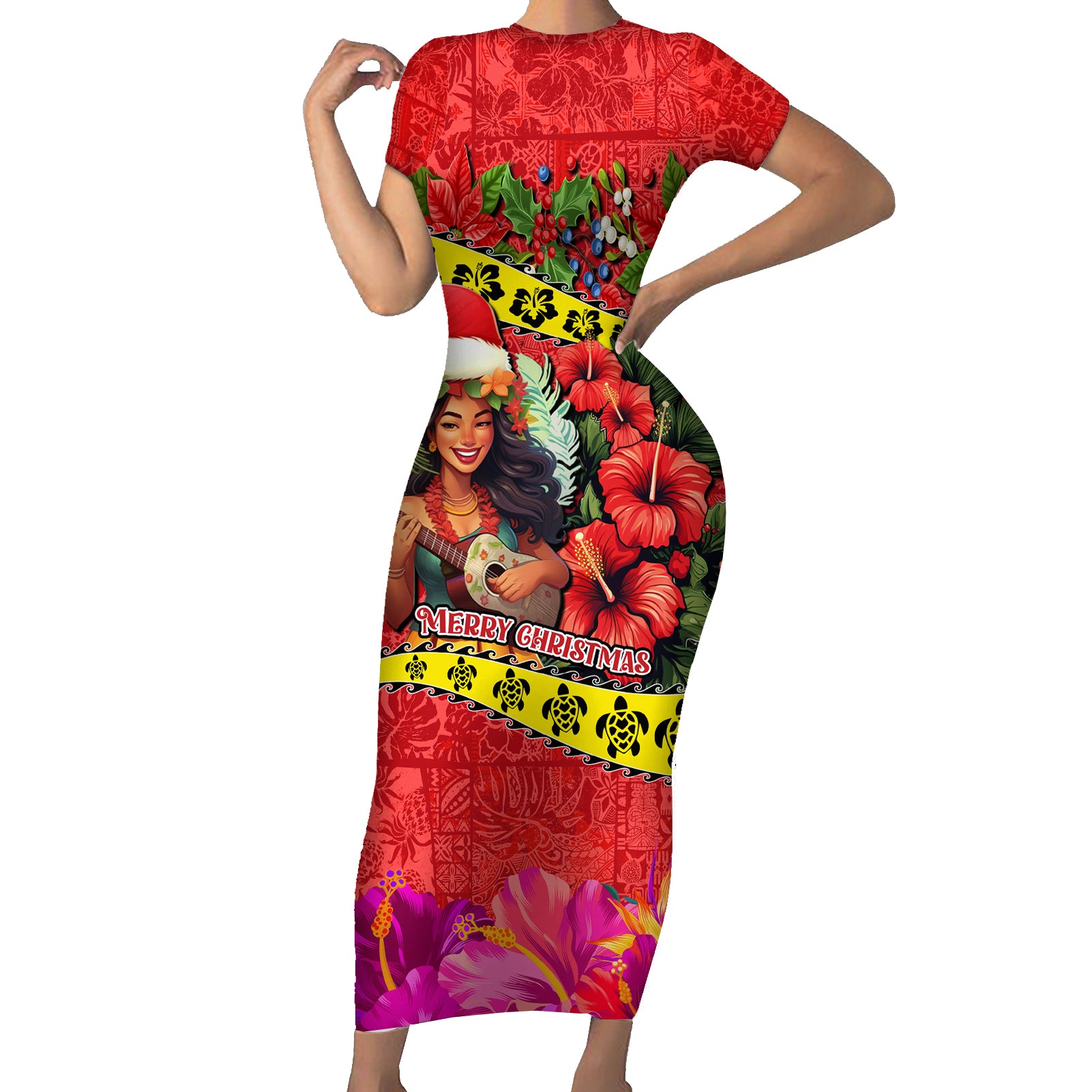 Personalised Hawaii Christmas Short Sleeve Bodycon Dress Hula Girl Hibiscus With Hawaiian Style Tribal Fabric Patchwork LT03 Long Dress Red - Polynesian Pride