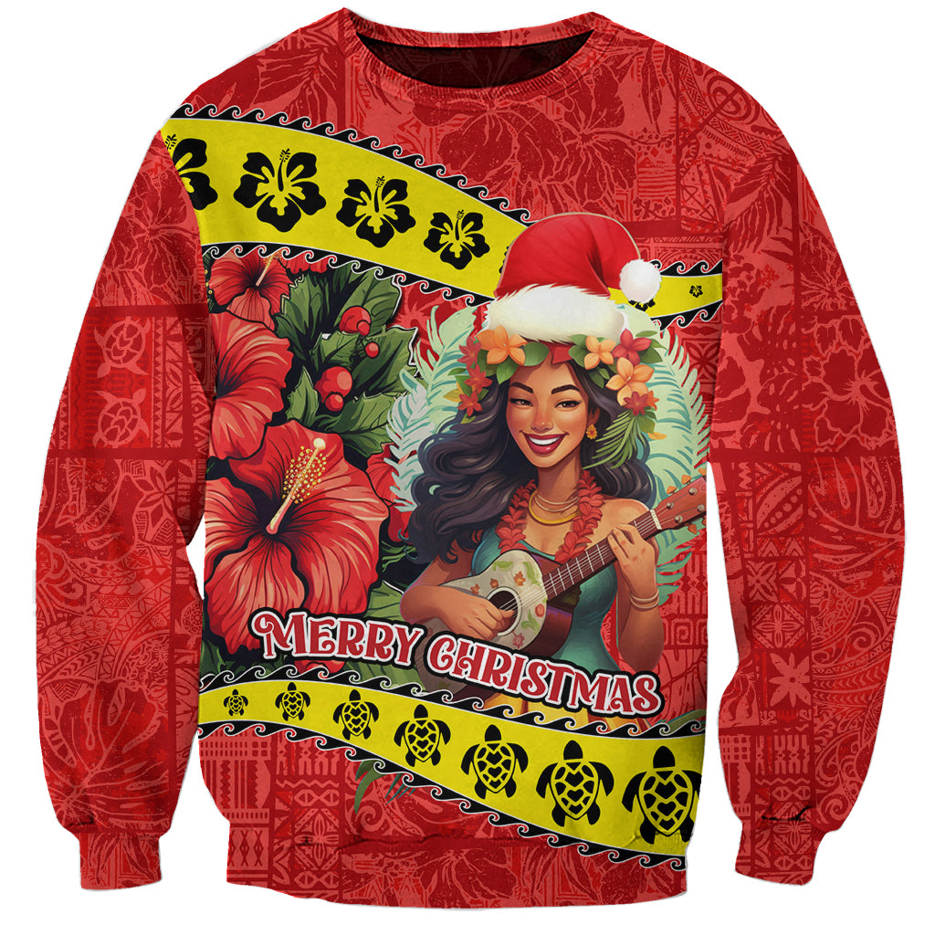 Personalised Hawaii Christmas Sweatshirt Hula Girl Hibiscus With Hawaiian Style Tribal Fabric Patchwork LT03 Unisex Red - Polynesian Pride