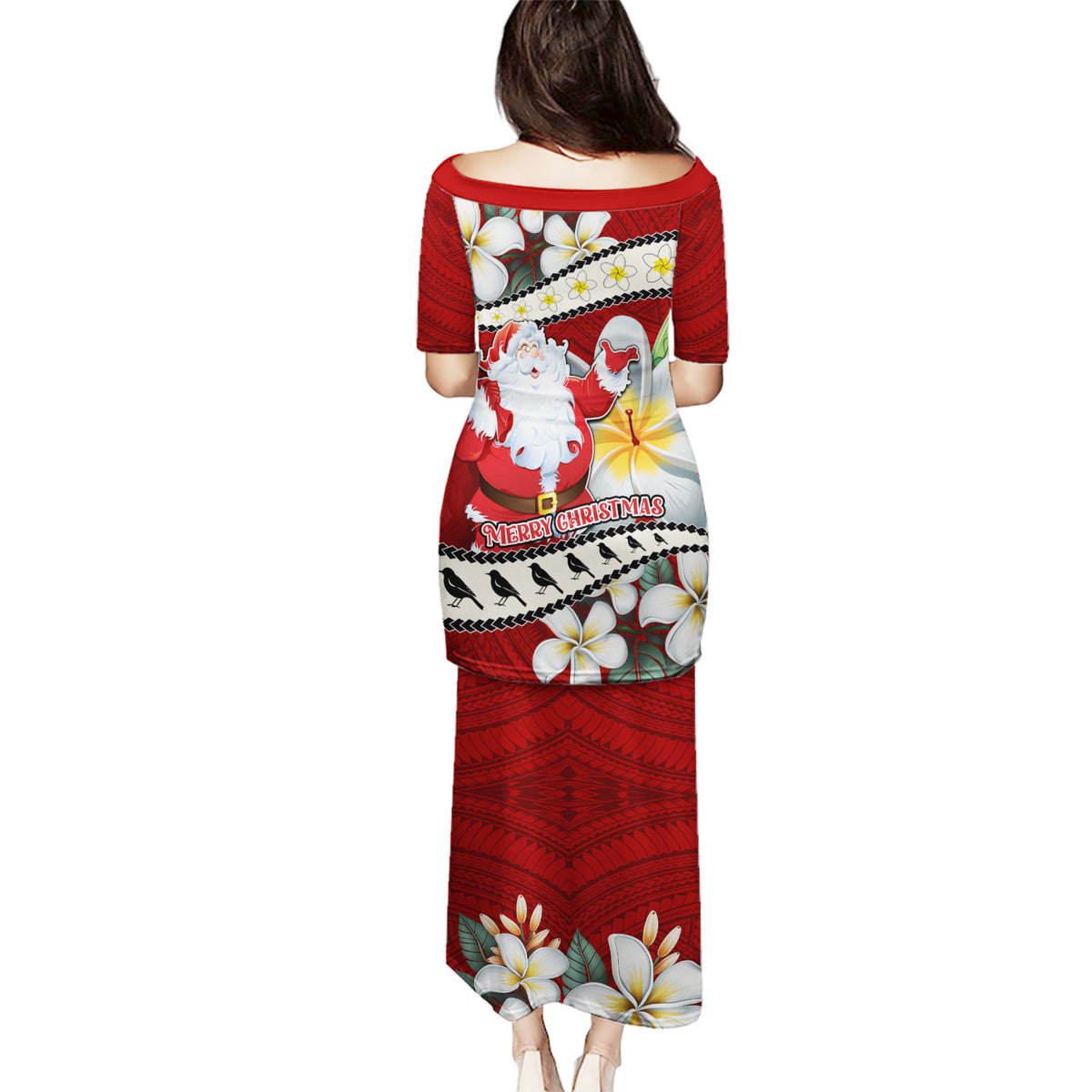 Tahiti Christmas Puletasi Tiare Flowers and Pomarea Nigra with Polynesian Pattern LT03 - Polynesian Pride