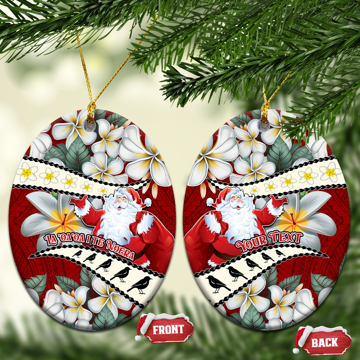 Personalised Tahiti Christmas Ceramic Ornament Tiare Flowers and Pomarea Nigra with Polynesian Pattern LT03 Oval Red - Polynesian Pride