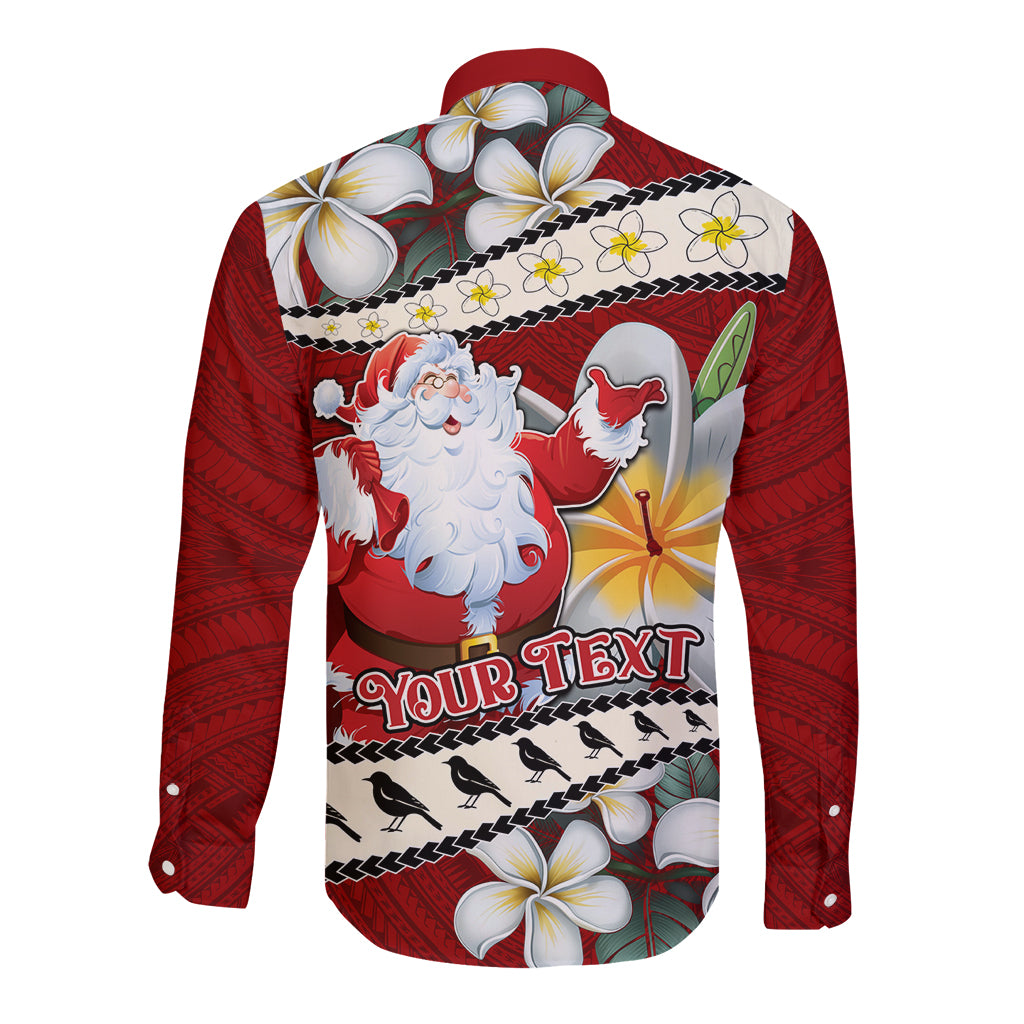 Personalised Tahiti Christmas Long Sleeve Button Shirt Tiare Flowers and Pomarea Nigra with Polynesian Pattern LT03 - Polynesian Pride
