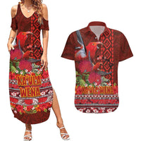 Hawaii KaʻUla Wena ʻIʻiwi Couples Matching Summer Maxi Dress and Hawaiian Shirt With Tropical Plants and 'Ohi'a lehua Kakau Art Tattoo