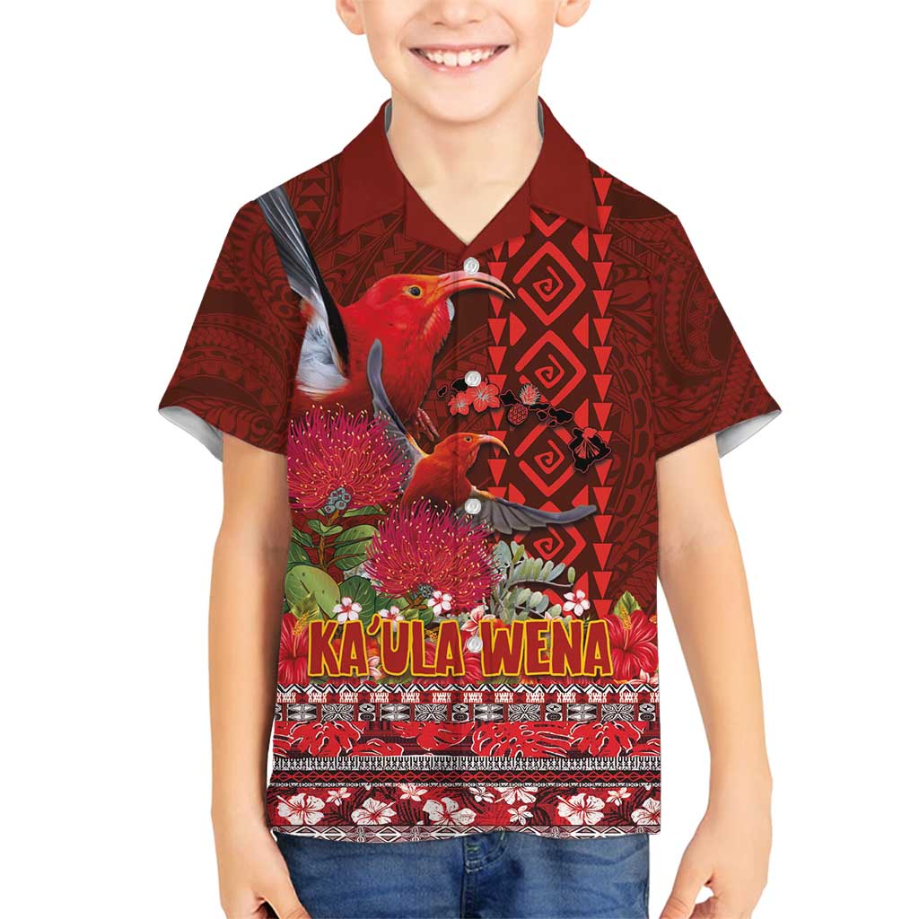 Hawaii KaʻUla Wena ʻIʻiwi Family Matching Off Shoulder Maxi Dress and Hawaiian Shirt With Tropical Plants and 'Ohi'a lehua Kakau Art Tattoo