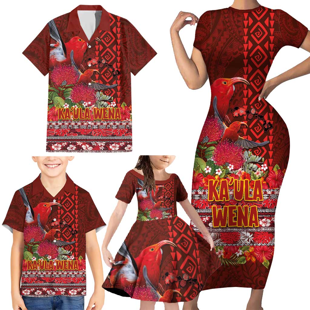 Hawaii KaʻUla Wena ʻIʻiwi Family Matching Short Sleeve Bodycon Dress and Hawaiian Shirt With Tropical Plants and 'Ohi'a lehua Kakau Art Tattoo