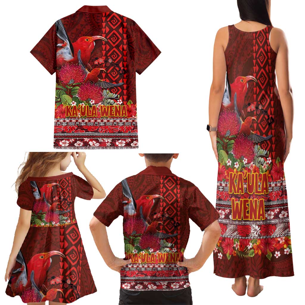Hawaii KaʻUla Wena ʻIʻiwi Family Matching Tank Maxi Dress and Hawaiian Shirt With Tropical Plants and 'Ohi'a lehua Kakau Art Tattoo