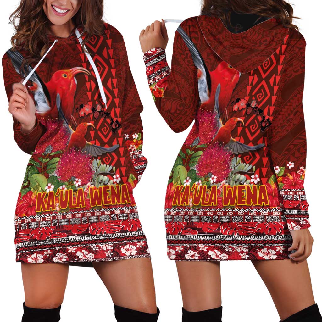 Hawaii KaʻUla Wena ʻIʻiwi Hoodie Dress With Tropical Plants and 'Ohi'a lehua Kakau Art Tattoo