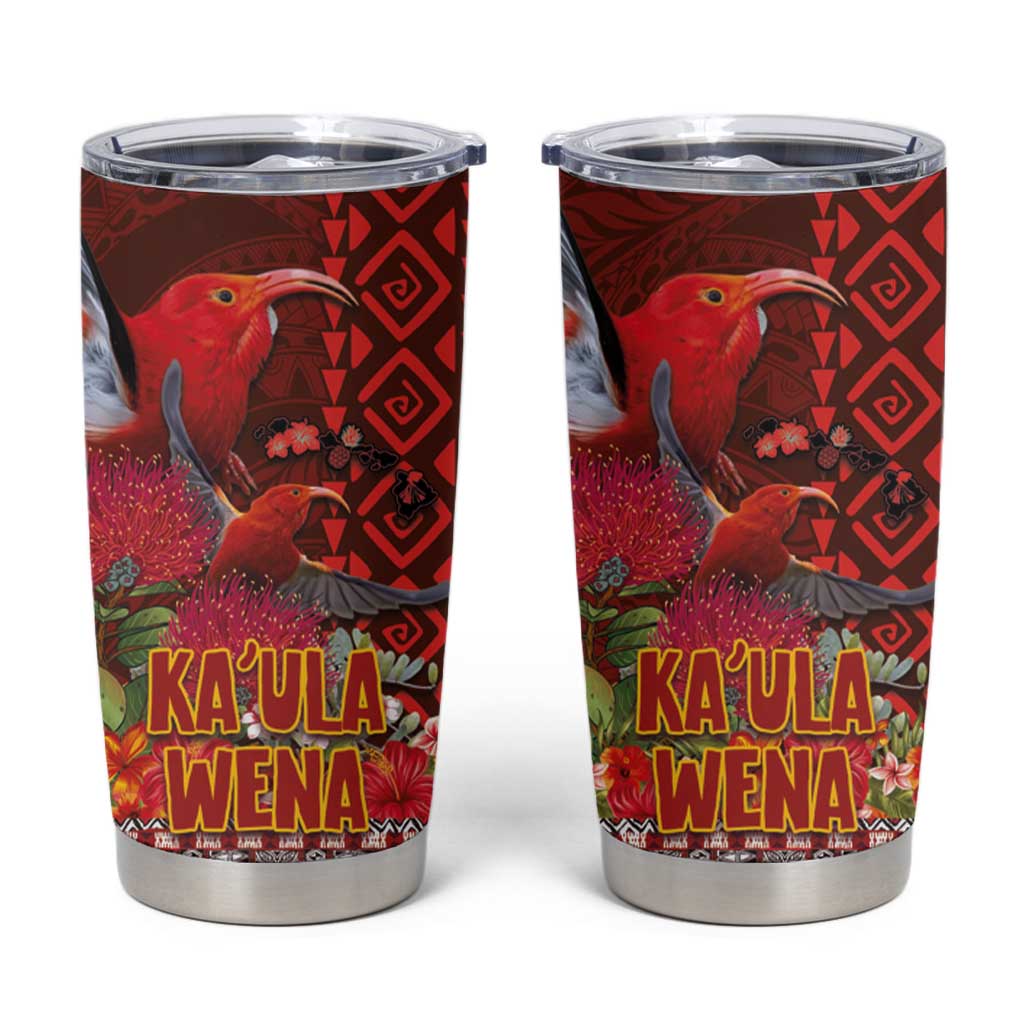 Hawaii KaʻUla Wena ʻIʻiwi Tumbler Cup With Tropical Plants and 'Ohi'a lehua Kakau Art Tattoo