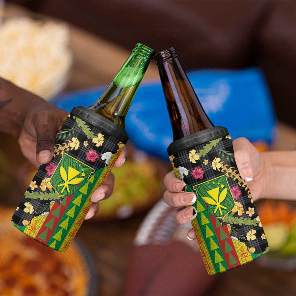 Hawaiian Tropical Plants Lei 4 in 1 Can Cooler Tumbler Kanaka Maoli Tribal with Palaka Motifs LT03 - Polynesian Pride