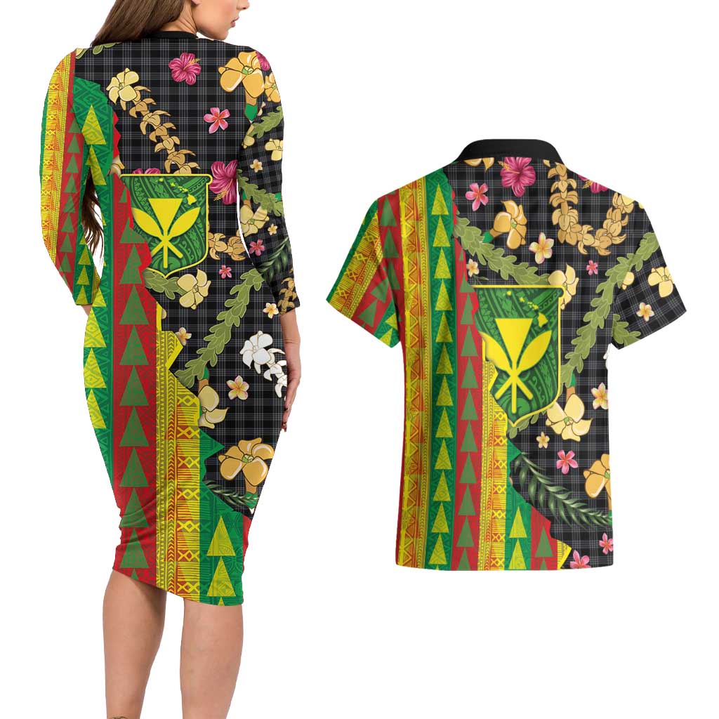 Hawaiian Tropical Plants Lei Couples Matching Long Sleeve Bodycon Dress and Hawaiian Shirt Kanaka Maoli Tribal with Palaka Motifs - Polynesian Pride