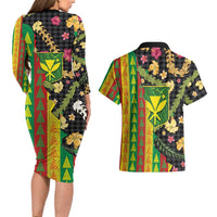 Hawaiian Tropical Plants Lei Couples Matching Long Sleeve Bodycon Dress and Hawaiian Shirt Kanaka Maoli Tribal with Palaka Motifs - Polynesian Pride