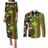 Hawaiian Tropical Plants Lei Couples Matching Puletasi and Long Sleeve Button Shirt Kanaka Maoli Tribal with Palaka Motifs - Polynesian Pride