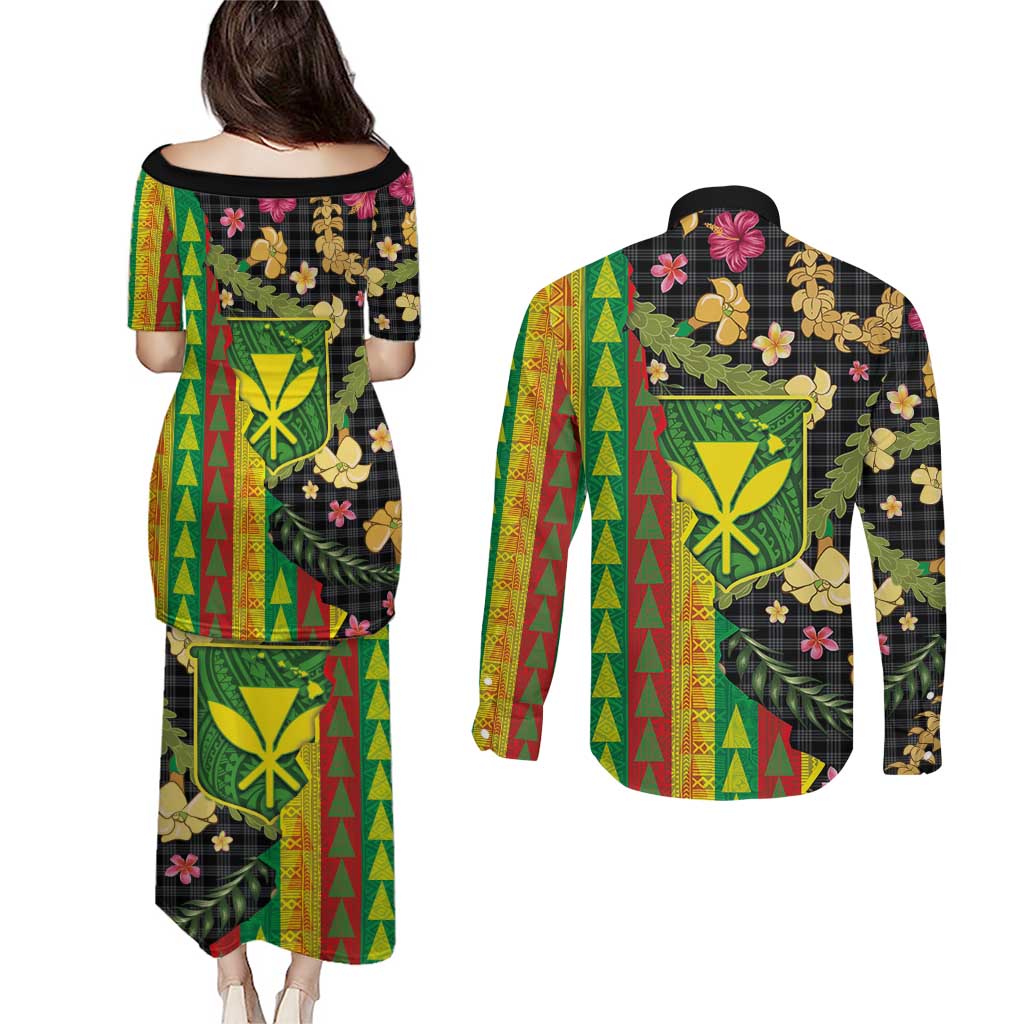 Hawaiian Tropical Plants Lei Couples Matching Puletasi and Long Sleeve Button Shirt Kanaka Maoli Tribal with Palaka Motifs - Polynesian Pride