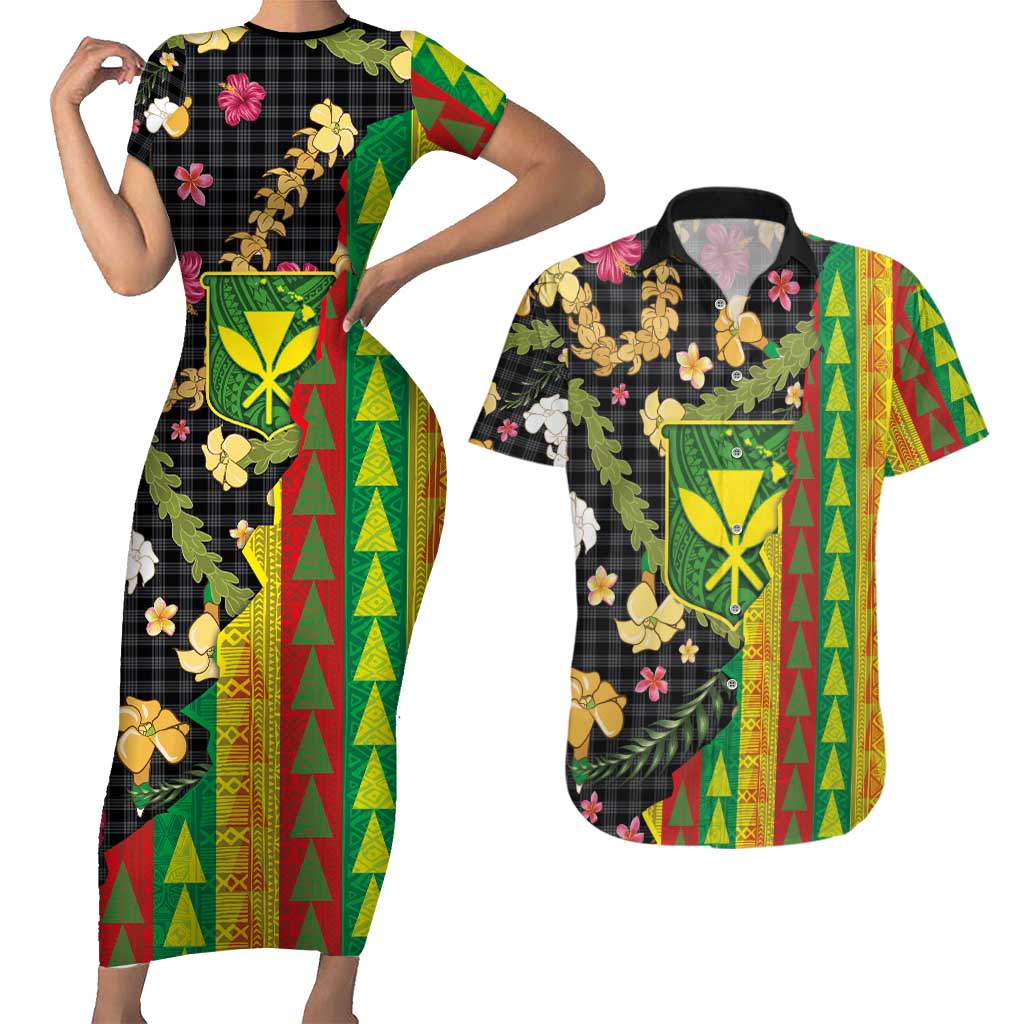 Hawaiian Tropical Plants Lei Couples Matching Short Sleeve Bodycon Dress and Hawaiian Shirt Kanaka Maoli Tribal with Palaka Motifs - Polynesian Pride