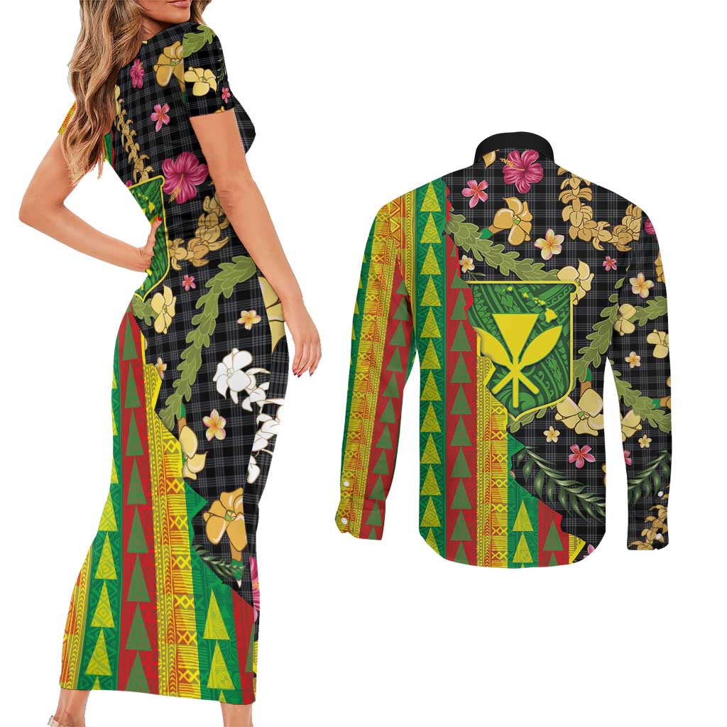 Hawaiian Tropical Plants Lei Couples Matching Short Sleeve Bodycon Dress and Long Sleeve Button Shirt Kanaka Maoli Tribal with Palaka Motifs - Polynesian Pride