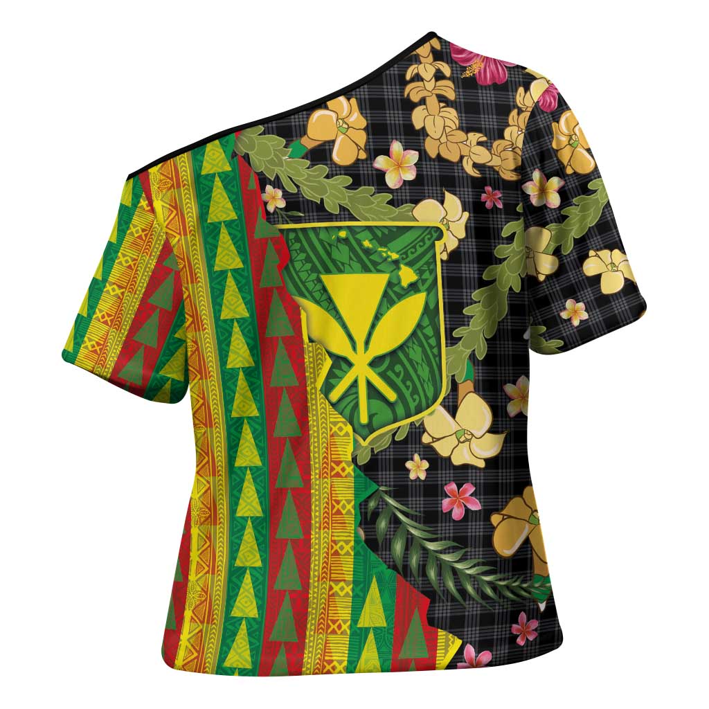 Hawaiian Tropical Plants Lei Cross Shoulder Shirt Kanaka Maoli Tribal with Palaka Motifs - Polynesian Pride