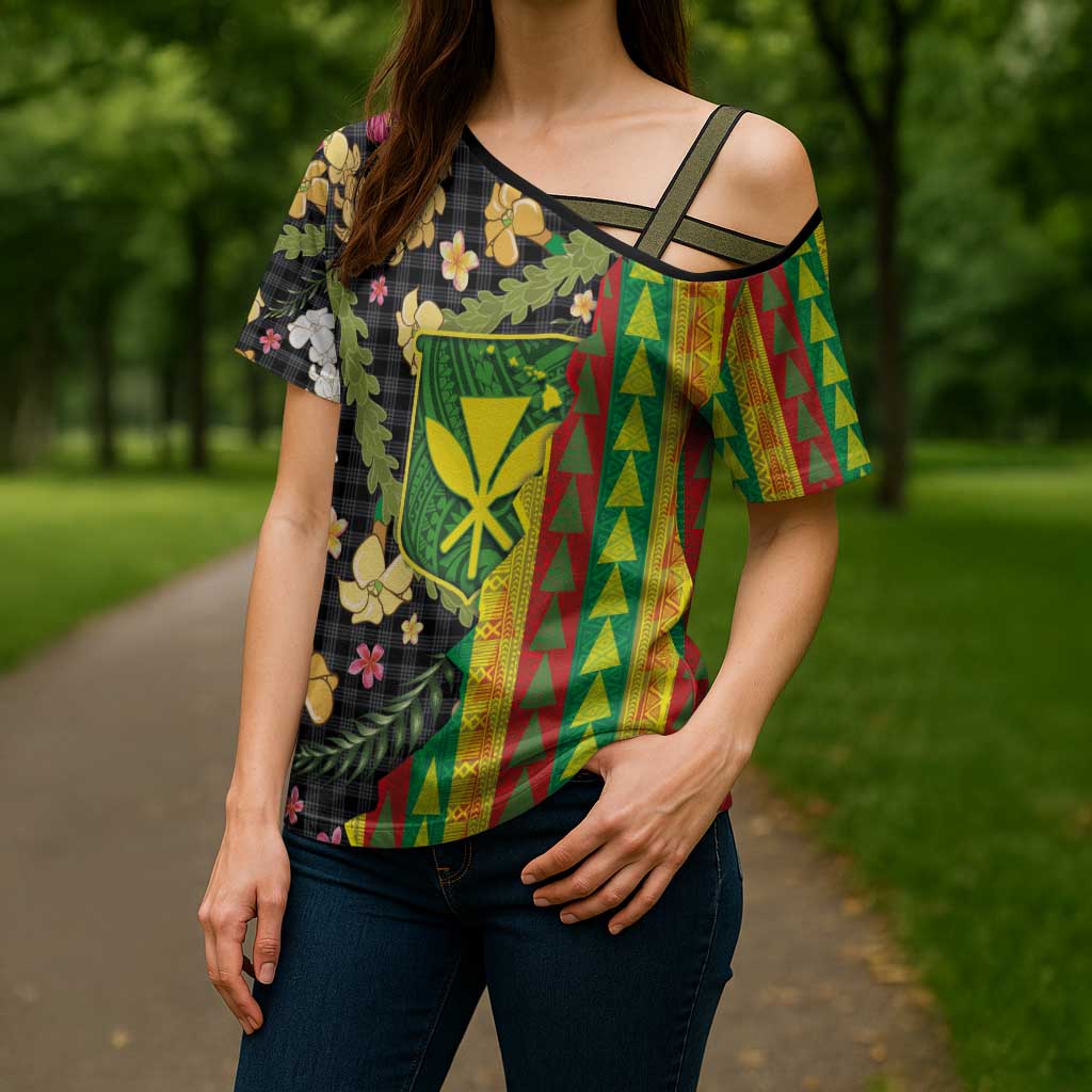 Hawaiian Tropical Plants Lei Cross Shoulder Shirt Kanaka Maoli Tribal with Palaka Motifs - Polynesian Pride