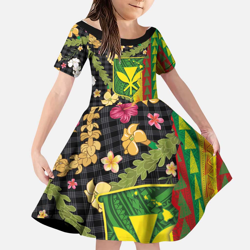 Hawaiian Tropical Plants Lei Family Matching Long Sleeve Bodycon Dress and Hawaiian Shirt Kanaka Maoli Tribal with Palaka Motifs LT03 Daughter's Dress Multicolor - Polynesian Pride