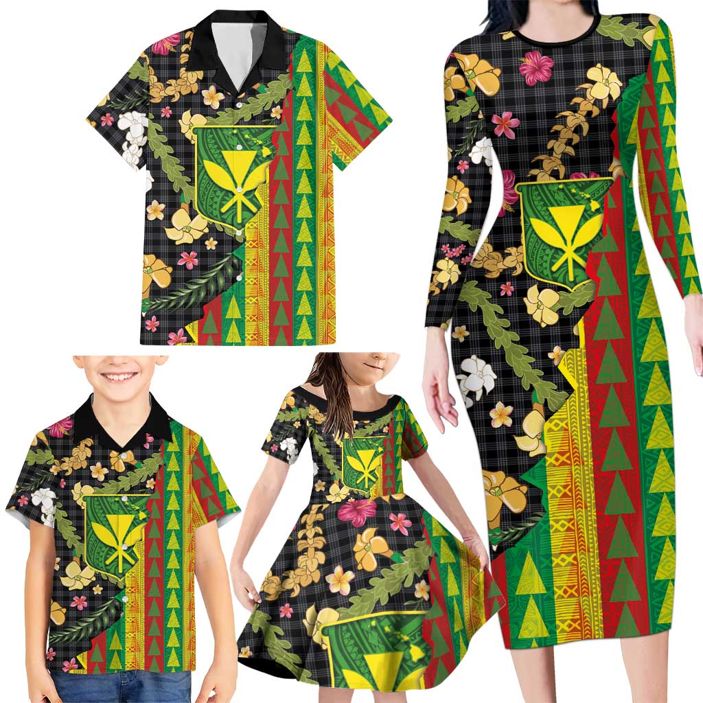 Hawaiian Tropical Plants Lei Family Matching Long Sleeve Bodycon Dress and Hawaiian Shirt Kanaka Maoli Tribal with Palaka Motifs LT03 - Polynesian Pride