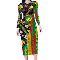 Hawaiian Tropical Plants Lei Family Matching Long Sleeve Bodycon Dress and Hawaiian Shirt Kanaka Maoli Tribal with Palaka Motifs LT03 Mom's Dress Multicolor - Polynesian Pride