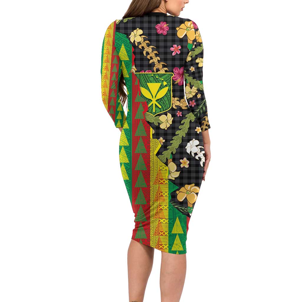 Hawaiian Tropical Plants Lei Family Matching Long Sleeve Bodycon Dress and Hawaiian Shirt Kanaka Maoli Tribal with Palaka Motifs LT03 - Polynesian Pride