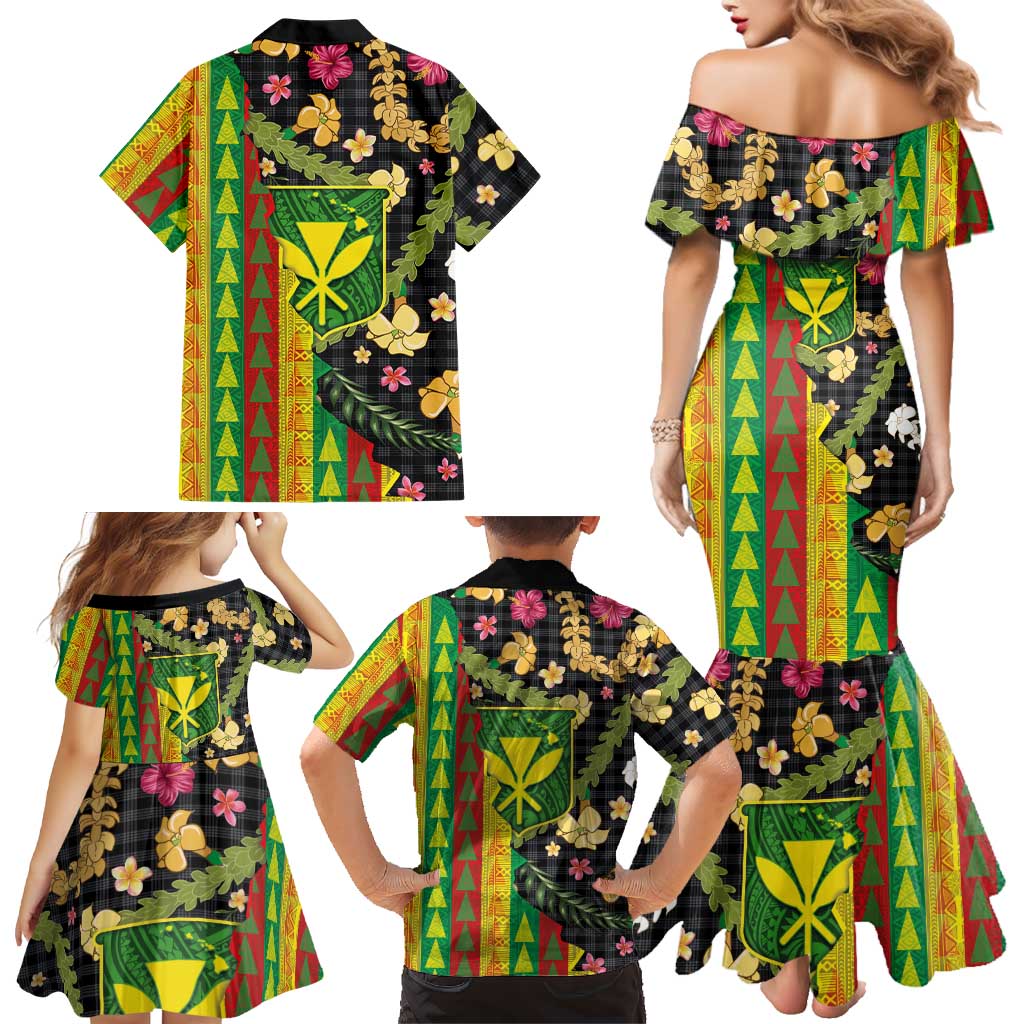Hawaiian Tropical Plants Lei Family Matching Mermaid Dress and Hawaiian Shirt Kanaka Maoli Tribal with Palaka Motifs - Polynesian Pride
