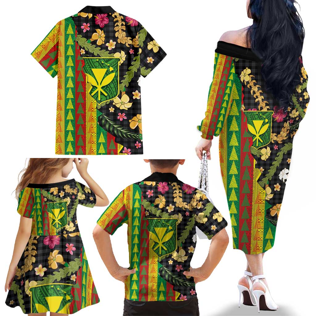 Hawaiian Tropical Plants Lei Family Matching Off The Shoulder Long Sleeve Dress and Hawaiian Shirt Kanaka Maoli Tribal with Palaka Motifs - Polynesian Pride